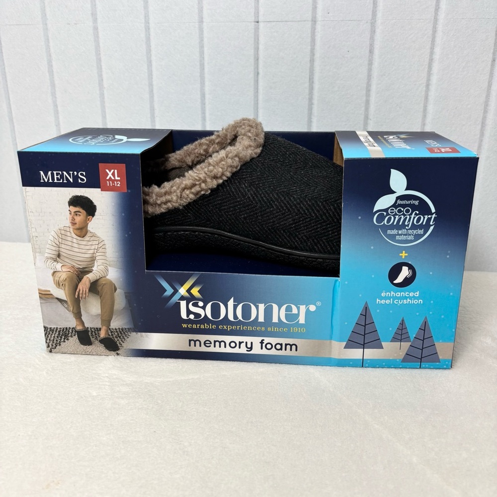 Isotoner  Men's Memory Foam MicroTerry Lined Hoodback Eco Comfort Slippers 11-12